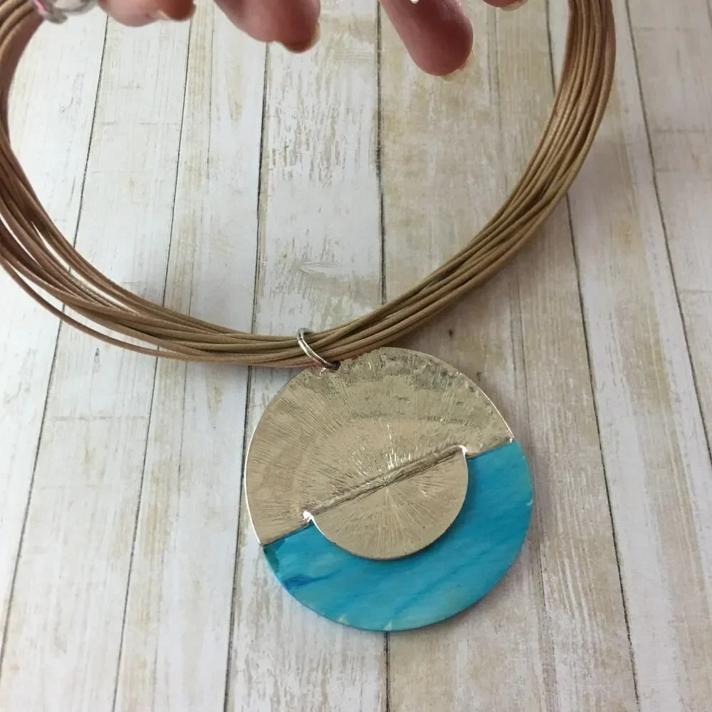 Vintage St. Thomas Blue Shell Disc Cord Statement Necklace